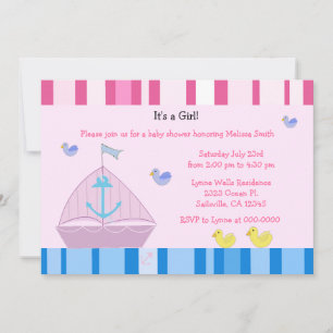 Zeilboot en Anker Meisje Baby Shower Uitnodiging