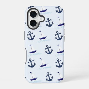 Zeilboot en ankerpatroon Blauw iPhone 16 Hoesje
