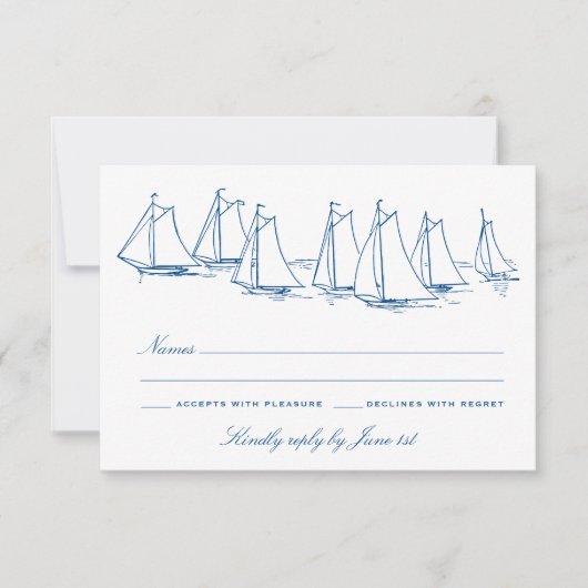 Zeilboot en golven Blue Yacht Club bruiloft RSVP Kaartje (Voorkant)
