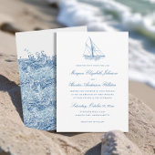Zeilboot en golven Elegante Marine Blauwe bruiloft Kaart