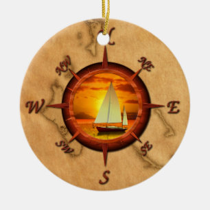 Zeilboot en kompas Roos Keramisch Ornament