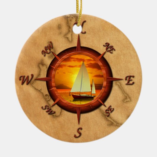Zeilboot en kompas Roos Keramisch Ornament (Voorkant)