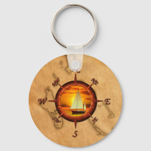 Zeilboot en kompas Roos Sleutelhanger