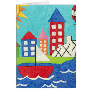 Zeilboot en luchtballon met Cityscape