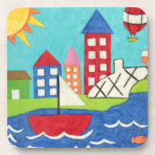 Zeilboot en luchtballon met Cityscape Bier Onderzetter (Voorkant)