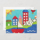 Zeilboot en luchtballon met Cityscape Briefkaart (Voorkant / Achterkant)