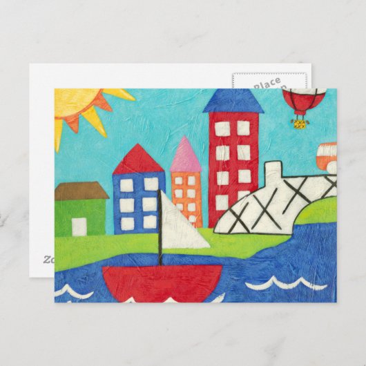Zeilboot en luchtballon met Cityscape Briefkaart (Voorkant / Achterkant)