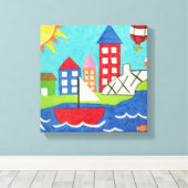 Zeilboot en luchtballon met Cityscape Canvas Afdruk (Insitu (Houten vloer))