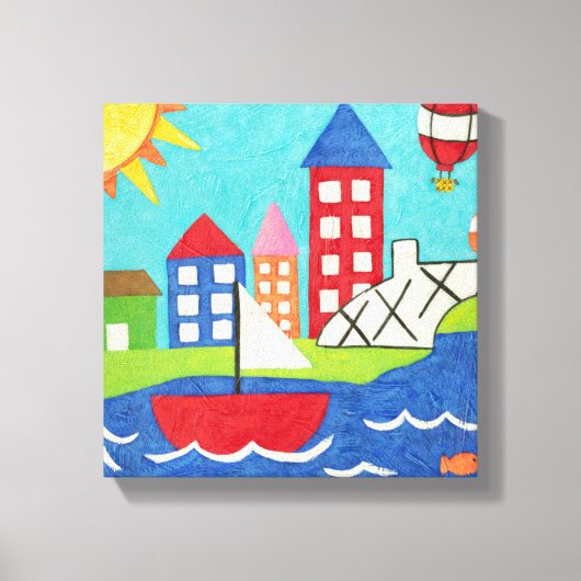 Zeilboot en luchtballon met Cityscape Canvas Afdruk (Voorkant)