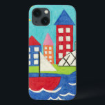 Zeilboot en luchtballon met Cityscape iPhone 13 Hoesje<br><div class="desc">Een cityscape fungeert als achtergrond voor een zweefboot en een heteluchtballon. Er schijnt een heldere zon op de plaats,  en een schattige vis zwemt onder het water. Koop deze vreedzame afdruk vandaag!</div>