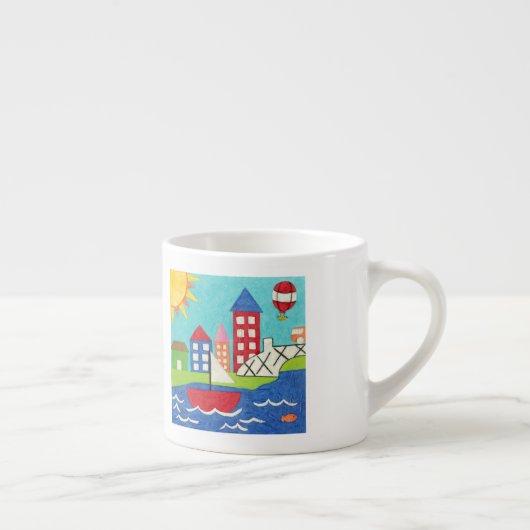 Zeilboot en luchtballon met Cityscape Espresso Kop (Rechts)