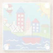 Zeilboot en luchtballon met Cityscape Glazen Onderzetter (Achterkant)