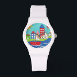 Zeilboot en luchtballon met Cityscape Horloge<br><div class="desc">Een cityscape fungeert als achtergrond voor een zweefboot en een heteluchtballon. Er schijnt een heldere zon op de plaats,  en een schattige vis zwemt onder het water. Koop deze vreedzame afdruk vandaag!</div>