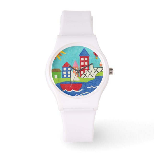 Zeilboot en luchtballon met Cityscape Horloge (Voorkant)