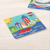 Zeilboot en luchtballon met Cityscape Kartonnen Onderzetters (Schuin)