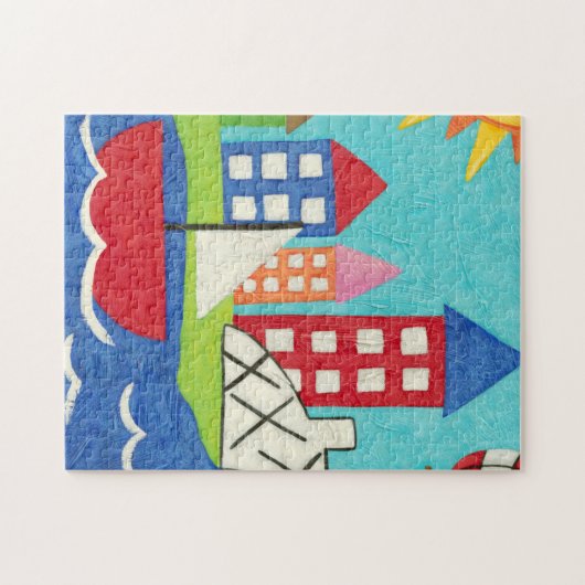 Zeilboot en luchtballon met Cityscape Legpuzzel (Horizontaal)