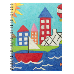 Zeilboot en luchtballon met Cityscape Notitieboek