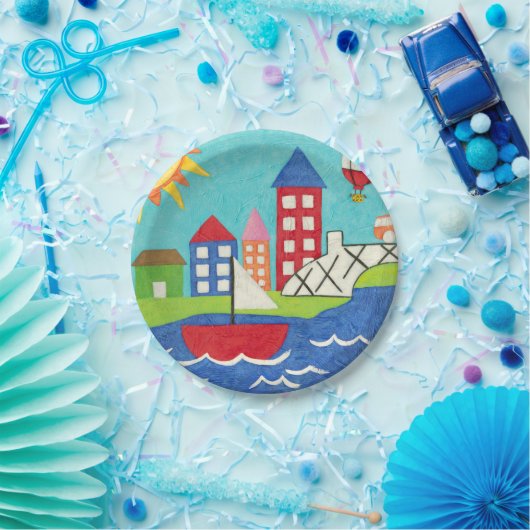 Zeilboot en luchtballon met Cityscape Papieren Bordje (Feest)