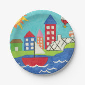 Zeilboot en luchtballon met Cityscape Papieren Bordje (Voorkant)