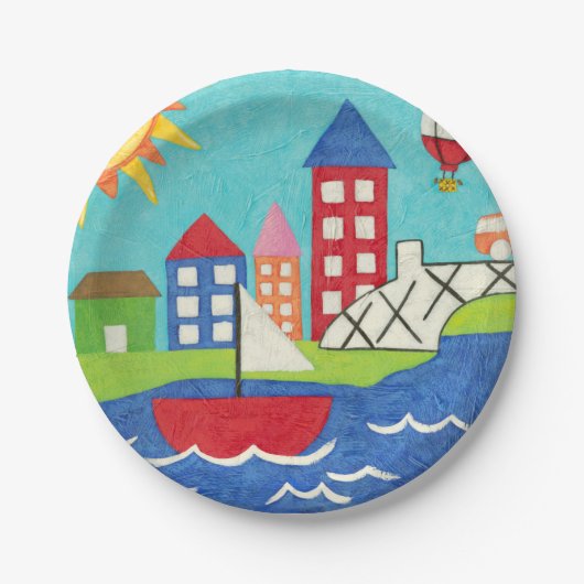 Zeilboot en luchtballon met Cityscape Papieren Bordje (Voorkant)