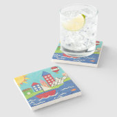 Zeilboot en luchtballon met Cityscape Stenen Onderzetter (Zijkant)