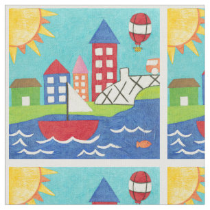 Zeilboot en luchtballon met Cityscape Stof