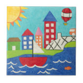 Zeilboot en luchtballon met Cityscape Tegeltje (Voorkant)