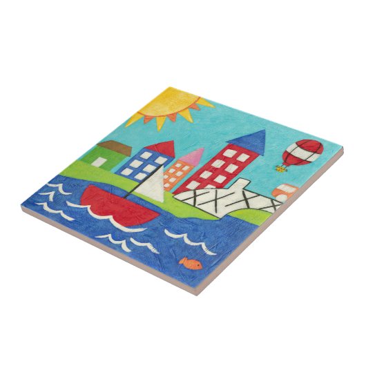 Zeilboot en luchtballon met Cityscape Tegeltje (Zijkant)