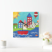 Zeilboot en luchtballon met Cityscape Vierkante Klok (Huis)