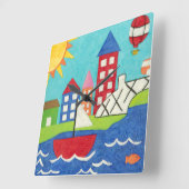 Zeilboot en luchtballon met Cityscape Vierkante Klok (Hoek)