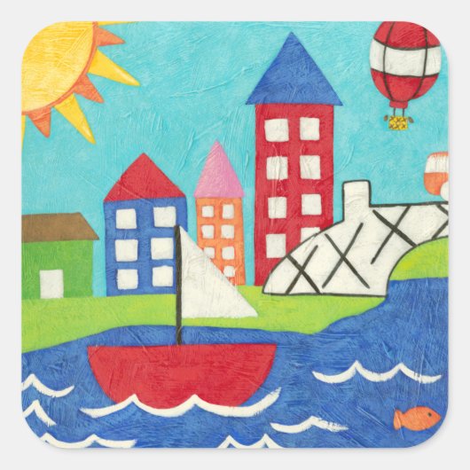 Zeilboot en luchtballon met Cityscape Vierkante Sticker (Voorkant)