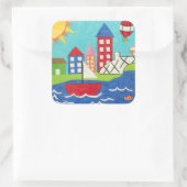 Zeilboot en luchtballon met Cityscape Vierkante Sticker (Tas)