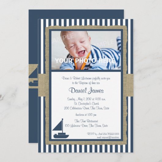 Zeilboot en strepen rustieke nautische doop kaart (Voorkant / Achterkant)