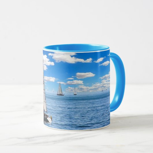 Zeilboot en Uitzicht Blauwe Koffie Mok (Voorkant rechts)