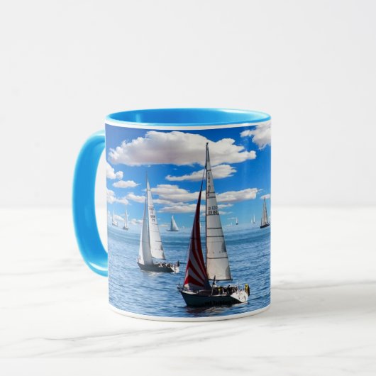 Zeilboot en Uitzicht Blauwe Koffie Mok (Voorkant links)