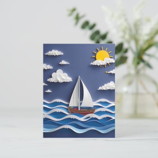Zeilboot en zon | Papierquilling Briefkaart (Staand voorkant)