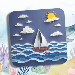 Zeilboot en zon   Papierquilling Vierkante Sticker