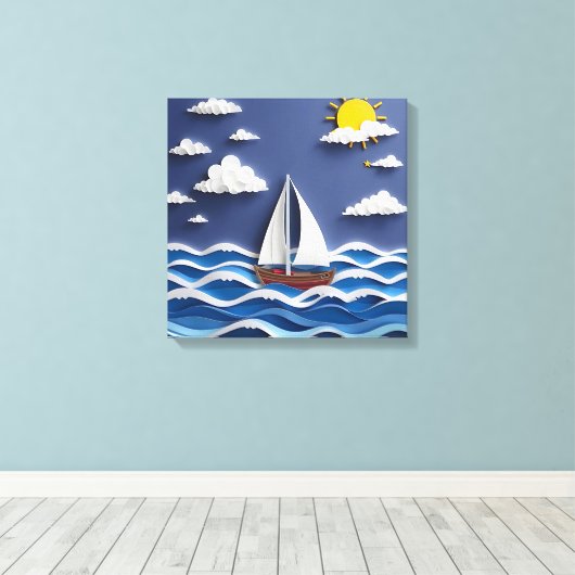 Zeilboot en Zonneschijn | Papier Quilling Canvas Afdruk (Insitu (Houten vloer))