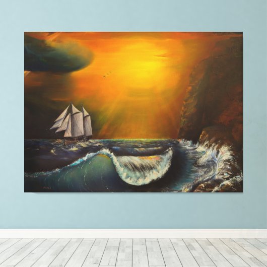 Zeilboot en zonsondergang aan de Rocky Shore Canvas Afdruk (Insitu (Houten vloer))