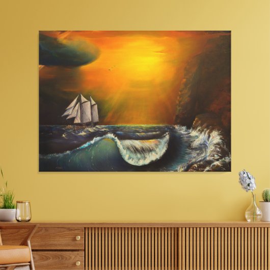 Zeilboot en zonsondergang aan de Rocky Shore Canvas Afdruk (Insitu (Woonkamer))