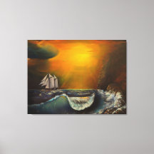 Zeilboot en zonsondergang aan de rotsachtige kust