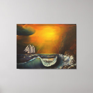 Zeilboot en zonsondergang aan de rotsachtige kust canvas afdruk
