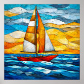 Zeilboot glijdt over blauwe golven poster (Voorkant)