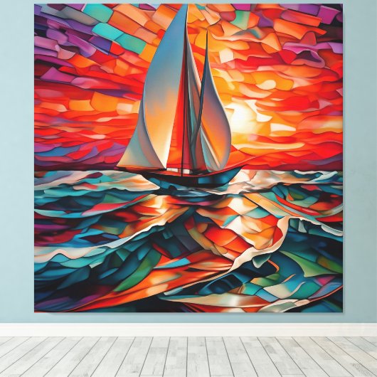 Zeilboot glijdt over een golvend zee canvas afdruk (Insitu (Houten vloer))