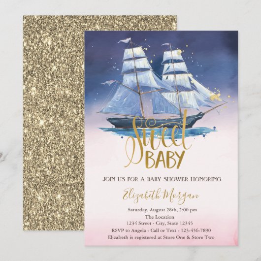 Zeilboot Gouden Glitter Baby Shower Kaart (Voorkant / Achterkant)
