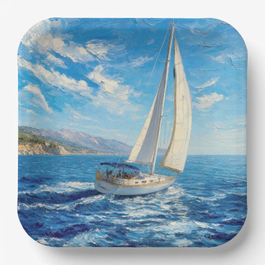 Zeilboot Impasto Schilderij Papieren Bordje (Voorkant)
