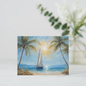 Zeilboot in de buurt van Tropical Beach, Palm Tree Briefkaart (Staand voorkant)