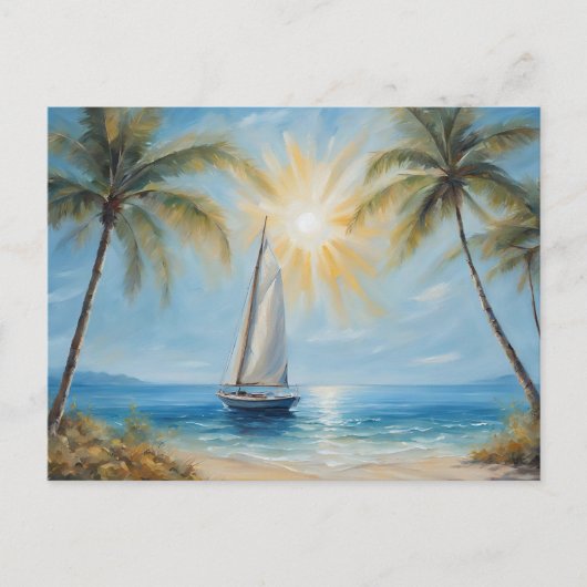 Zeilboot in de buurt van Tropical Beach, Palm Tree Briefkaart (Voorkant)
