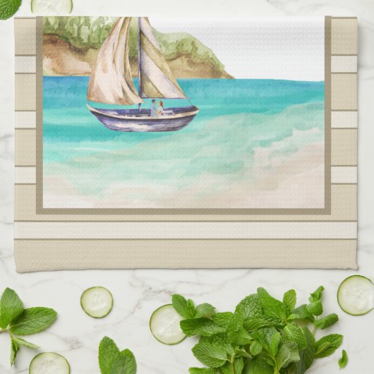 Zeilboot in een Turquoise Ocean Kitchen Towel Theedoek (Gevouwen)