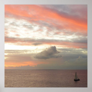 Zeilboot in Sunset Beauful Pink Seascape Poster